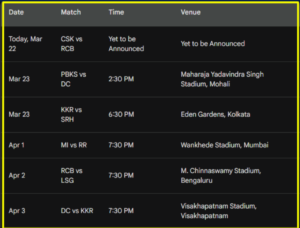 IPL 2024 TIME TABLE